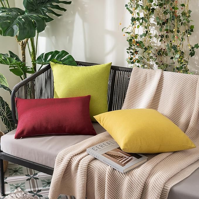 MIULEE Pack of 2 Decorative Outdoor Solid Waterproof Throw Pillow Covers Faux Linen Garden Farmhouse Cushion Cases for Patio Tent Balcony Couch Sofa 20x12 Inch Wine Red