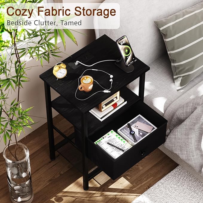 Night Stand with Charging Station, Small Bedside Table with Fabric Drawer, Nightstand with USB Ports & Outlets for Bedroom, Living Room, Black, HETS010BK-1