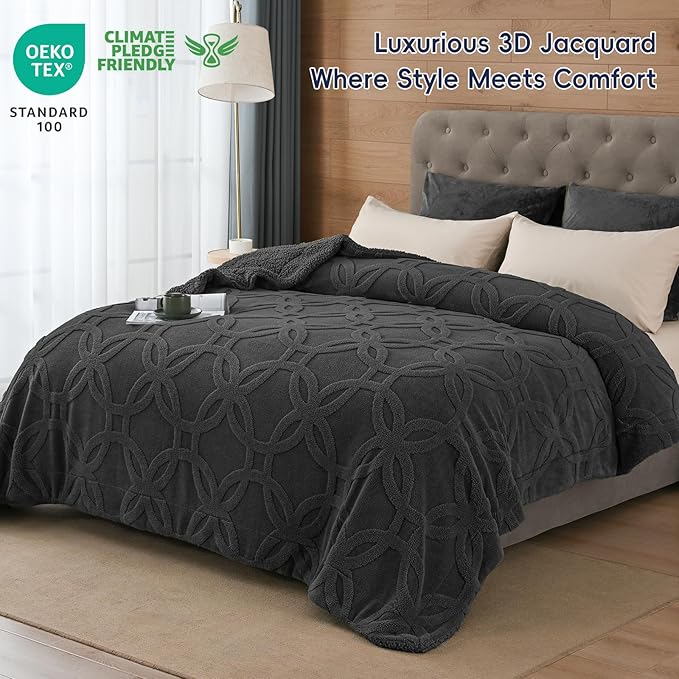 PHF Soft Sherpa Fleece Blanket King Size for Bed, 510GSM Fleece Lightweight Yet Warm Blanket, No Shed No Pilling, 108" x 90", Tufted Jacquard Cozy Thick Bed Throw for Home Decor Christmas, Dark Grey