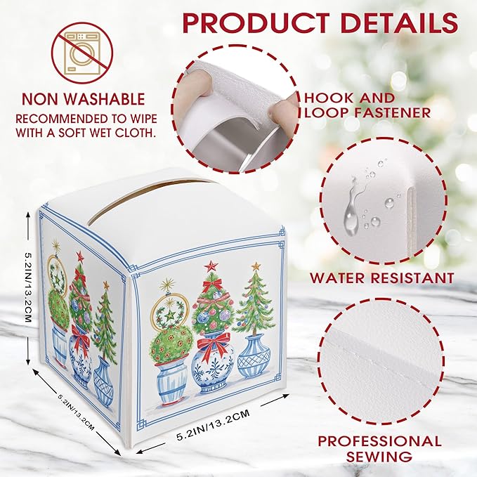 Christmas Trees Tissue Box Cover Square, Christmas Leather Tissue Box Cover Holder, Xmas Gift Ideas for Family Friends, Bathroom Kitchen Car Office Decor, Porcelain Print (5.2 Inches)-B03