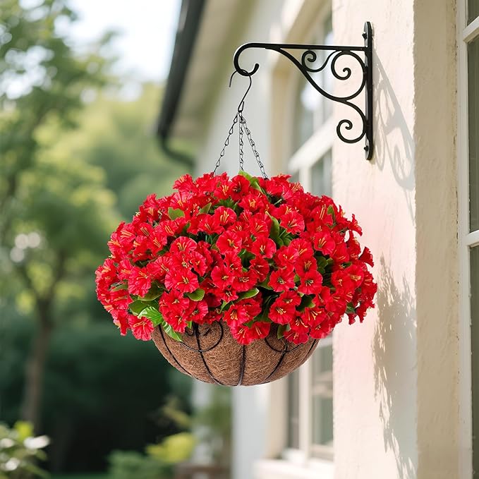 Artificial Hanging Flower Plants with Basket for Outdoor Decoration, Faux Petunias Flowers Fake Morning Glory Plants for Hanging Outside Patio Garden Porch Balcony Yard Spring Decor(Red)