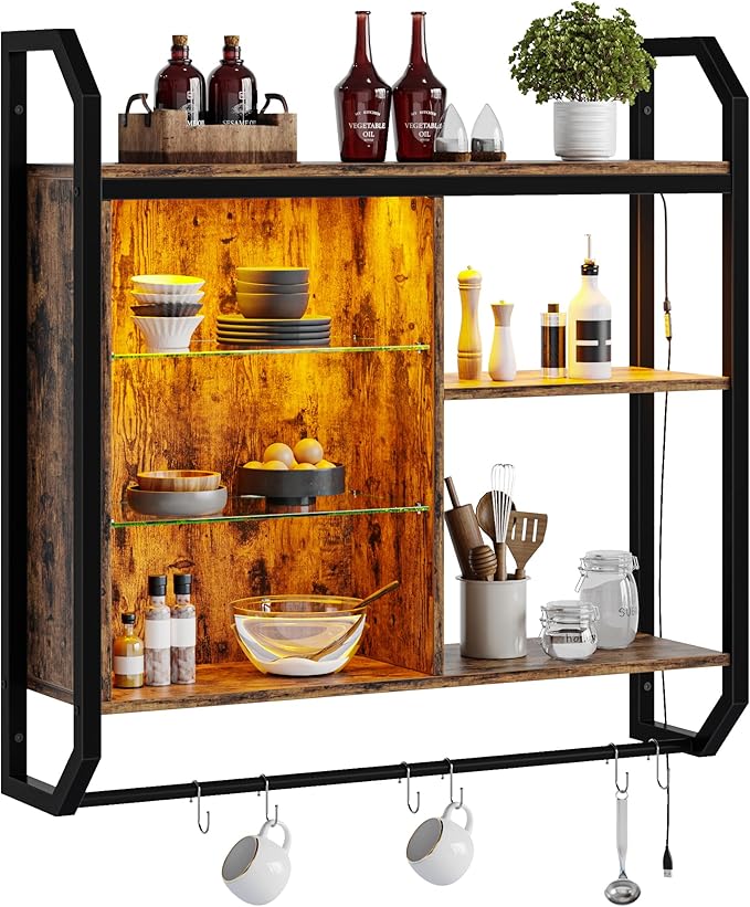Bestier LED Kitchen Floating Shelves, 34" Industrial Pipe Shelves with Adjustable Glass Shelves, Wall Mounted Shelf with 6 S-Hook Towel Bar, Wine Coffee Bar Rack for Room Decor Rustic Brown