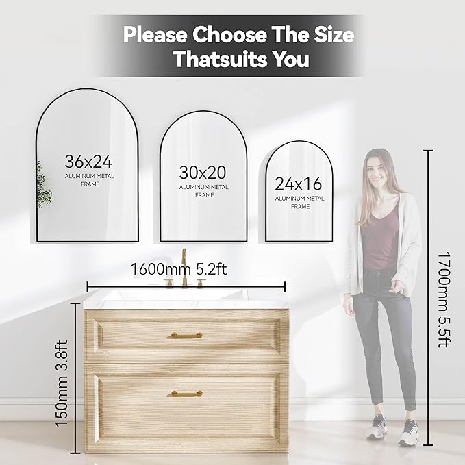 36x24 Arch Mirror Rectangle Full Length Wall Mounted Hanging or Against Wall Metal Aluminium Alloy Frame Dressing Make-up Mirrors for Entryway Bedroom Bathroom Living Room 36 24 inch Black