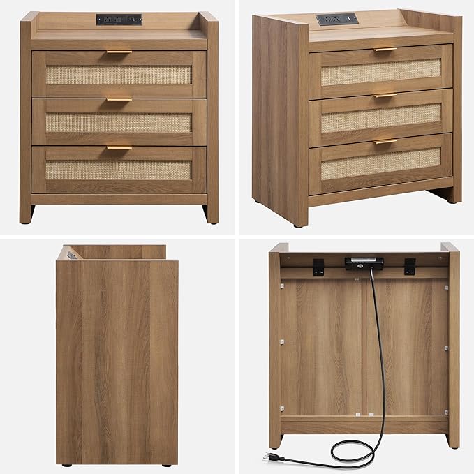 SICOTAS Larger Rattan Night Stand - Tall Nightstands with Type-C Charging Station, 3 Rattan Drawers, Boho Bedside Table End Table with Storage for Bedroom Sofa Couch Office - Oak