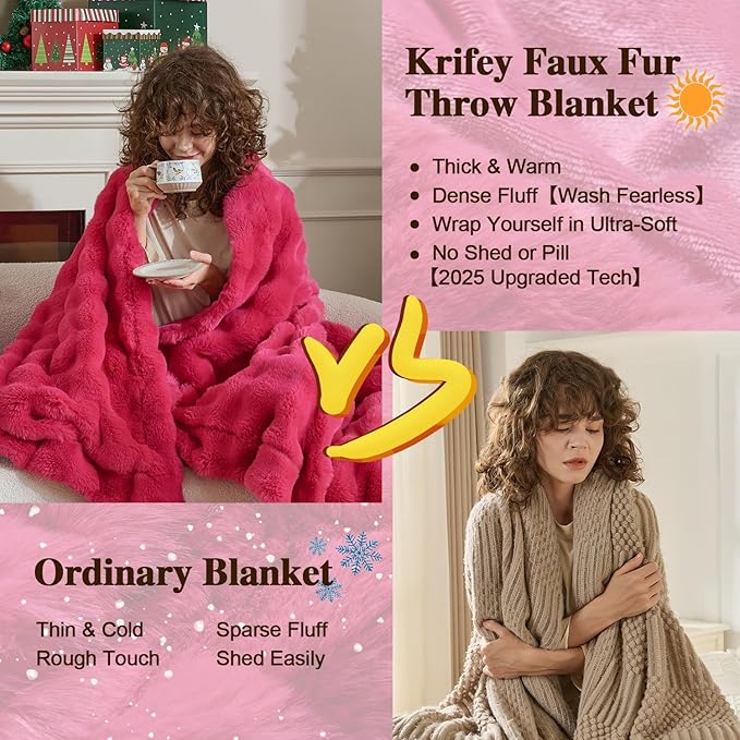 Krifey Hot Pink Bubble Blanket for Women, Soft Cloud Touch Throw for Dorm Bed, Cozy Fuzzy Plush Thick Warm Blanket, Faux Rabbit Fleece, Christmas Birthday Gifts for her Girls Mom, Room Decor, 60x80in