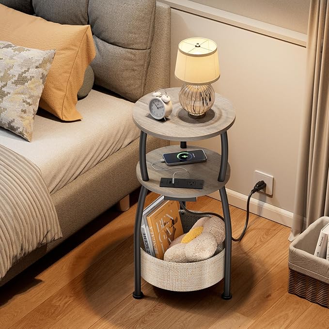 Side Table with Charging Station, Small Round End Table with Basket, USB Port and Outlet, 3 Tiers Sofa Couch Table Bedside Table for Living Room Bedroom, Small Spaces, 11.81in Greige