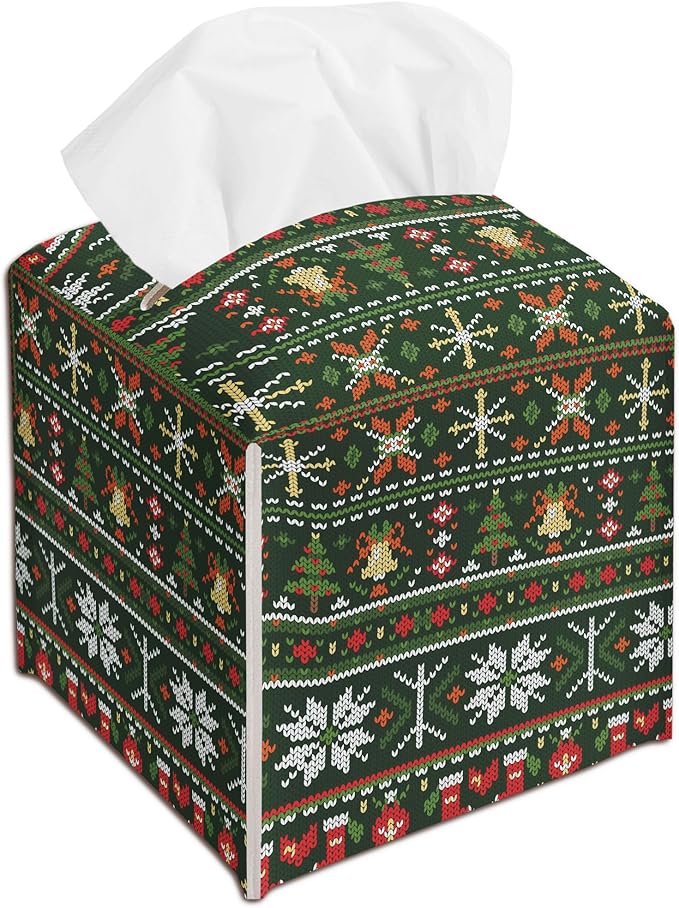 Retro Christmas Tissue Box Cover Holder, Christmas Trees and Snow Tissue Box Cover Leather, Xmas Gift Ideas for Family Friends, Bathroom Kitchen Car Office Home Table Decor(5.2 Inches)-B15
