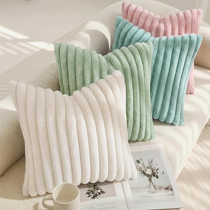 decorUhome Summer Cozy Faux Fur Throw Pillow Covers 22x22 Set of 2 Decorative Plush Striped Modern Farmhouse Boho Couch Euro Sham Pillow Cases with Velvet Back for Sofa Bed Living Room, Sage Green