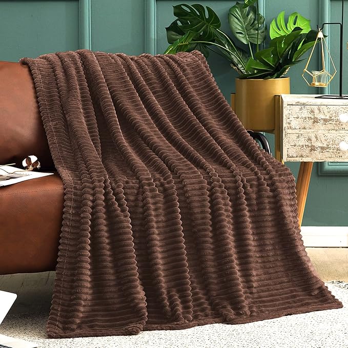 Vessia Flannel Fleece Throw Blanket, 300GSM Cozy Brown Stripe Throw for Couch, Sofa and Bed, Warm and Soft Chocolate Microfiber Ribbed Blanket for All Season