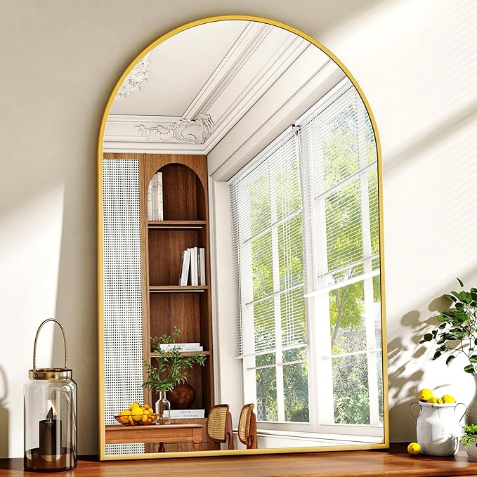26"x38" Arched Wall Mirror for Bathroom, Gold Vanity Mirror for Bedroom, Living Room, Entryway, Decorative Hanging Mirror for Wall