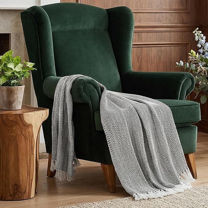 Americanflat 50x60 Throw Blanket - Soft and Breathable Cotton Throw Blanket for Couch, Bed, Chair - Decorative Blankets Perfect for Home, Office, or Outdoor Use - Black and White Herringbone Design