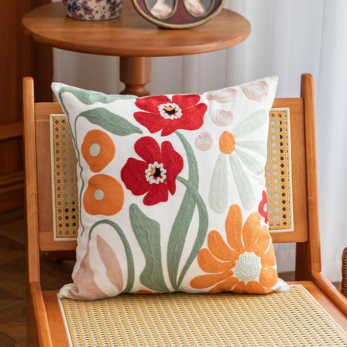 YIcabinet Pack of 2 Throw Pillow Covers,Embroidered Floral Pillow Case Soft Square Decorative Pillowcases for Home Sofa Couch 18x18 Inch