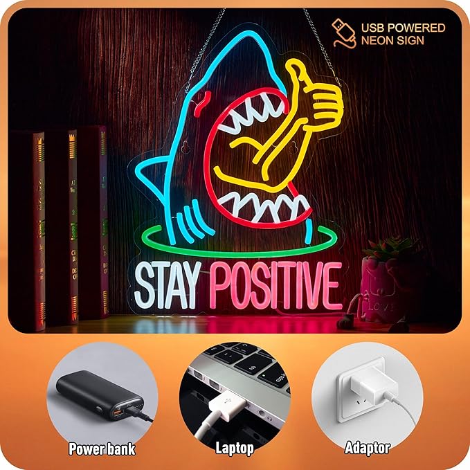 Stay Positive Neon Sign for Wall Decor Thumb up Shark Funny LED Signs Bar Man Cave Party Coffee Home Bedroom Birthday Gifts