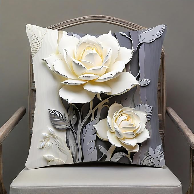 2D Flat, 2pcs Elegant White Rose Linen Throw Pillow CoverDecorative, White and Gray Rose Design, Elegant Home Decor Cushion Case，18x18 Pillows Linen Pillowcase