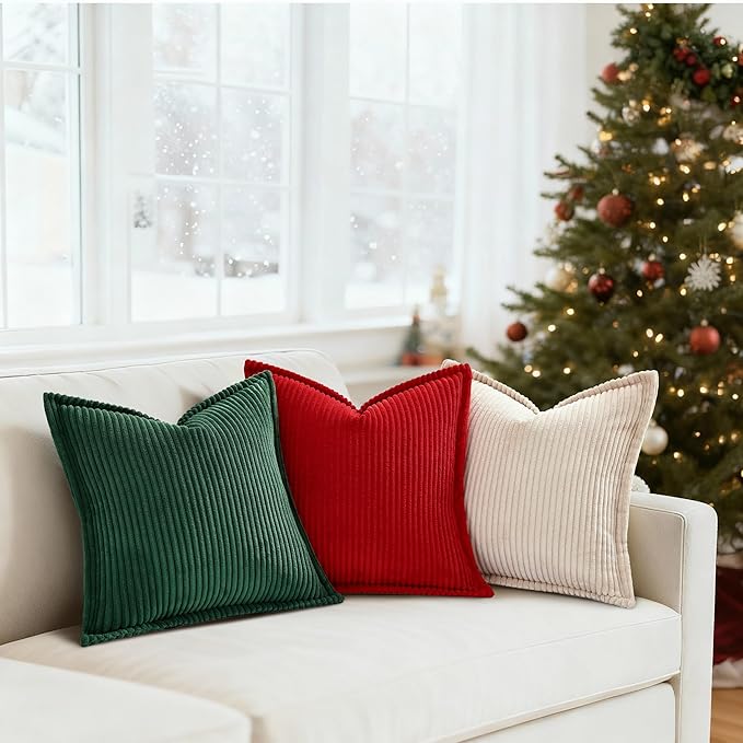 Mecatny Christmas Corduroy Throw Pillow Covers 12x20 Set of 2, Neutral Decorative Soft Boho Lumbar Couch Pillow Covers with Broadside for Sofa Living Room, Christmas Green