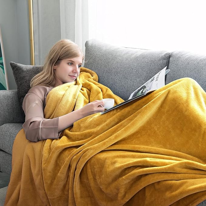 MOONLIGHT20015 Silk Touch Warm Fleece Throw Blankets - 400 GSM Throws for Sofa Fluffy Blanket Bed Throw for Bedroom, Couch, Travel (Mustard, King 108" x 90")