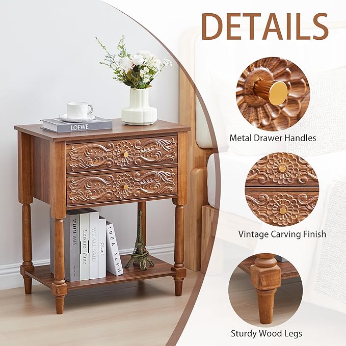 Nightstand, Farmhouse Bedside Table with 2 Drawers and Open Shelf, Wood Sofa Side Table End Table Accent Dresser for Bedroom, Living Room (with Shelf, Walnut)
