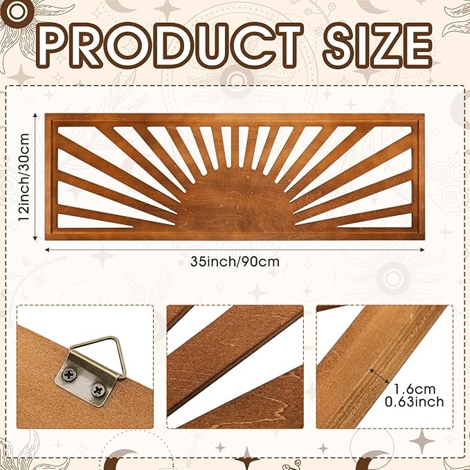 Burbell Sun Wall Art Decor 35'' x 12'' Large Boho Sun Wall Decor Wooden Horizontal Vintage Bohemian Hanging Rectangle Panoramic Above Bed Decoration for Bedroom Home(Dark Brown)