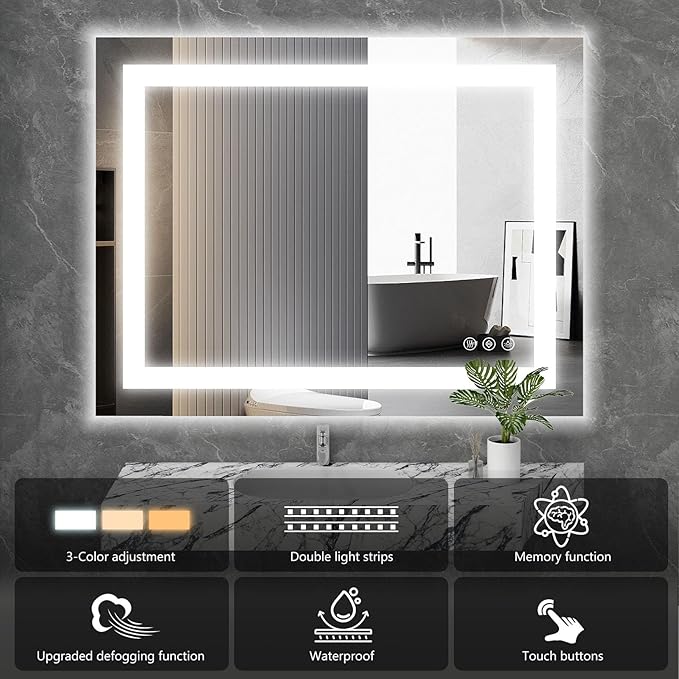 DUMOS 37"x 28" LED Bathroom Mirror with Lights, Dimmable Anti-Fog Front Lit Backlit Lighted Wall Mounted Rectangle for Vanity Makeup Memory Function Tempered Glass Shatter-Proof Horizontal&Vertically