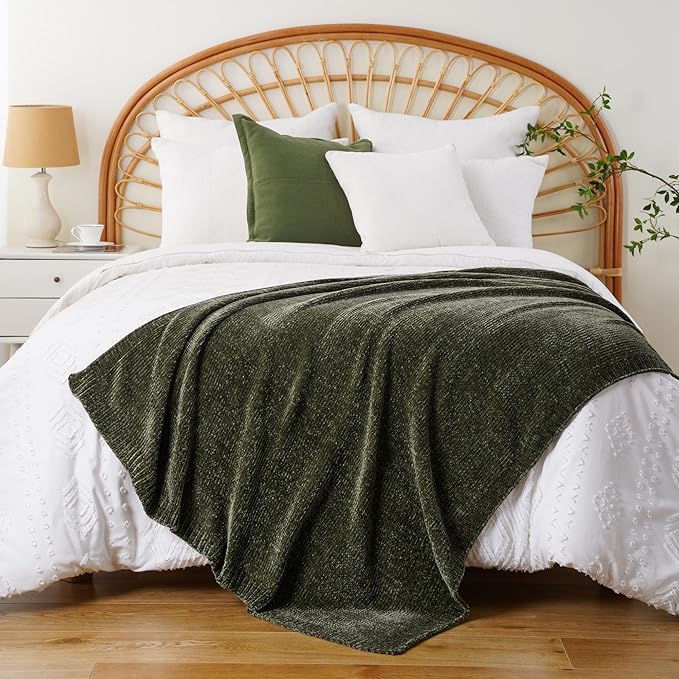 BATTILO HOME Olive Green Chenille Throw Blanket for Couch, Cozy Knit Throw Blanket for Bed Sofa Outdoor, Super Soft Warm Green Blankets Chenille Blankets for Home Decor, 51"x67"