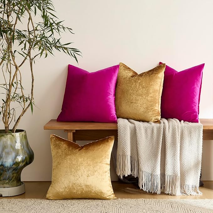 GIGIZAZA Velvet Pillow Covers 16x16,Hot Pink Gold Soft Throw Pillow Covers Set of 4 Square Decorative Modern Pillows Covers for Living Room