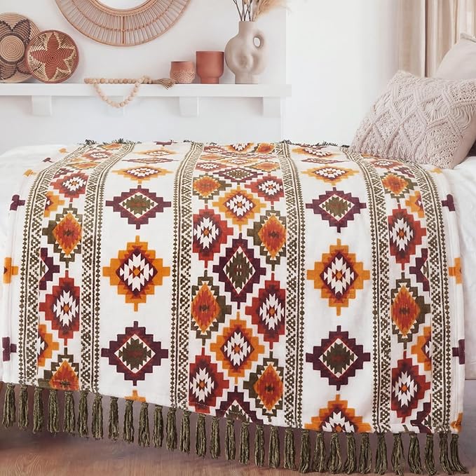 CASAAGUSTO Boho Throw Blanket - Orange and Green Decorative Blankets with Tassel, Printed Flannel Bohemian Blanket for Chair, Bed, Sofa, Couch(60 * 80, Orange and Green)