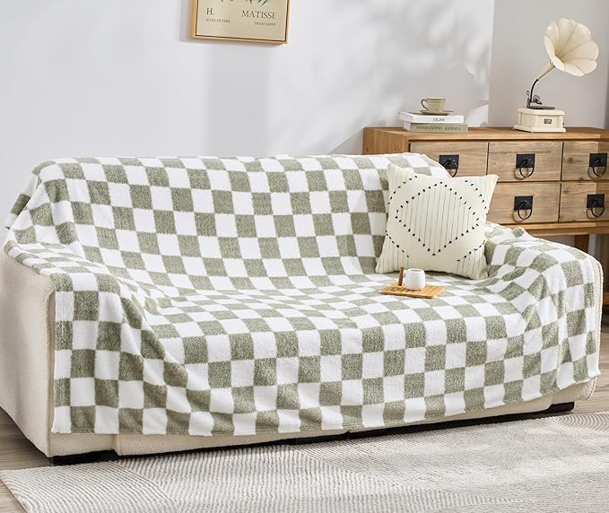 EMME Checkered Blanket Queen Size - 80"x90" Green Knit Blanket Soft Fluffy Patterned Throw Blankets for Couch, Sofa, Chair, Bed, Camping, Picnic, Travel