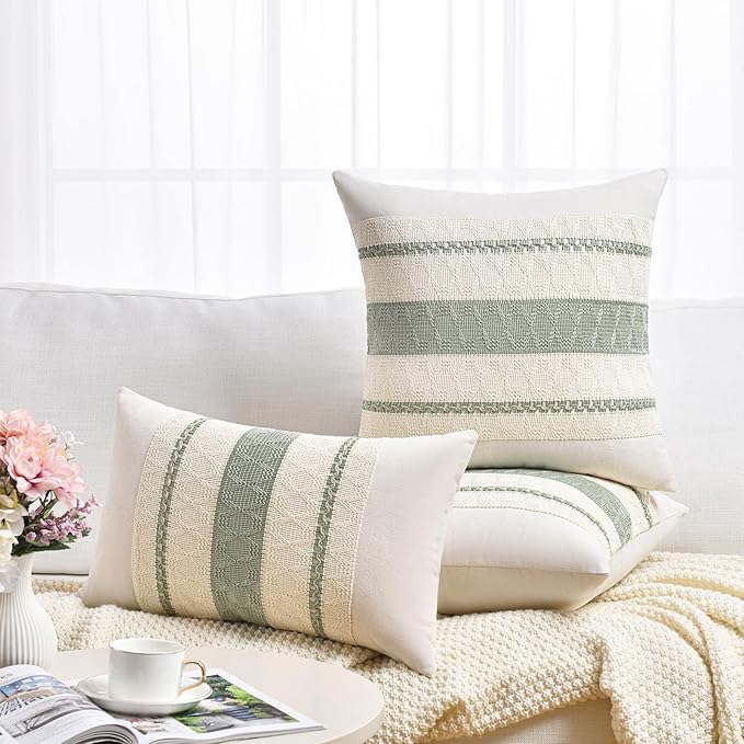 Fancy Homi Set of 2 Sage Green Boho Decorative Throw Pillow Covers 22x22 Inch for Living Room Bedroom Couch Bed Indoors, Rustic Retro Cushion Case 55x55 cm, Bohemian Room Home Decor