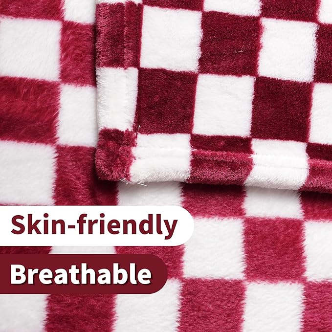 FY FIBER HOUSE Checkered Flannel Fleece Throw Blanket King Size Soft Cozy Checkerboard Grid Print Chessboard Pattern Blankets for Bed Couch Sofa, 90"x108", Burgundy