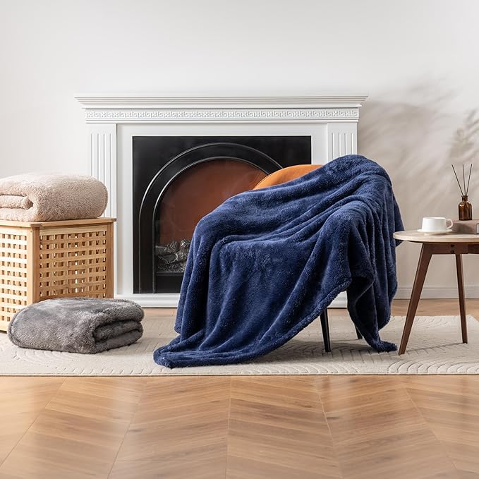 Berkshire Blanket Classic Extra-Fluffy™ Plush Blanket, Queen Size Bed Blanket, Soft Fuzzy Fluffy Long Hair Blanket for Couch Sofa Bed, Atlantis Dark Blue, 90x90 Inches