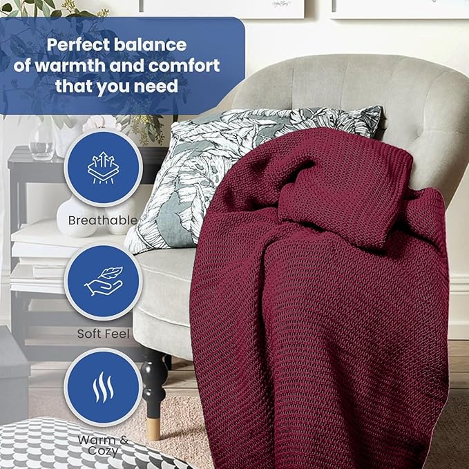 Linteum Textile Supply Leno Weave Burgundy Blanket, Queen 100% Cotton, Lightweight, Warm, Fluffy, Premium and Durable Soft & Cozy Bed Blanket for Bed, Couch, Sofa Throw for All Season [90x90]