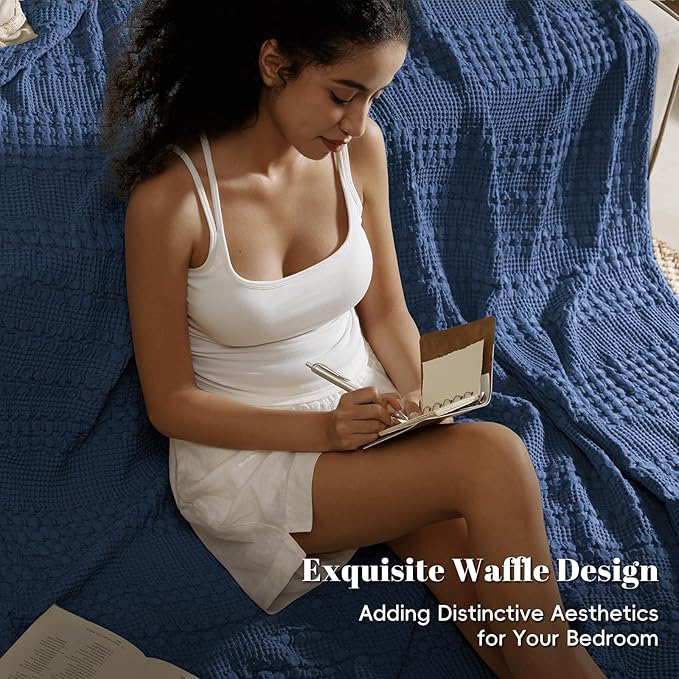 PHF 100% Cotton Waffle Weave Blanket King Size for Bed, Soft Lightweight & Breathable for Spring and Summer, All-Season Comfort, Luxury Aesthetic Blanket for Home Decor, 108"x90", Blue Sapphire