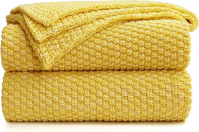 Longhui bedding Bright Yellow Knitted Throw Blanket for Couch, Soft, Cozy Machine Washable 100% Cotton Sofa Knit Blankets, Heavy 3.0lb Weight, 51 x 63 Inches, Yellow and White Color