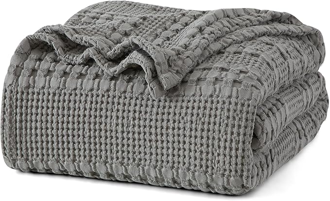 PHF 100% Cotton Waffle Weave Blanket Queen Size for Bed, Soft Lightweight & Breathable for Spring and Summer, All-Season Comfort, Luxury Aesthetic Blanket for Home Decor, 90"x90", Dark Grey