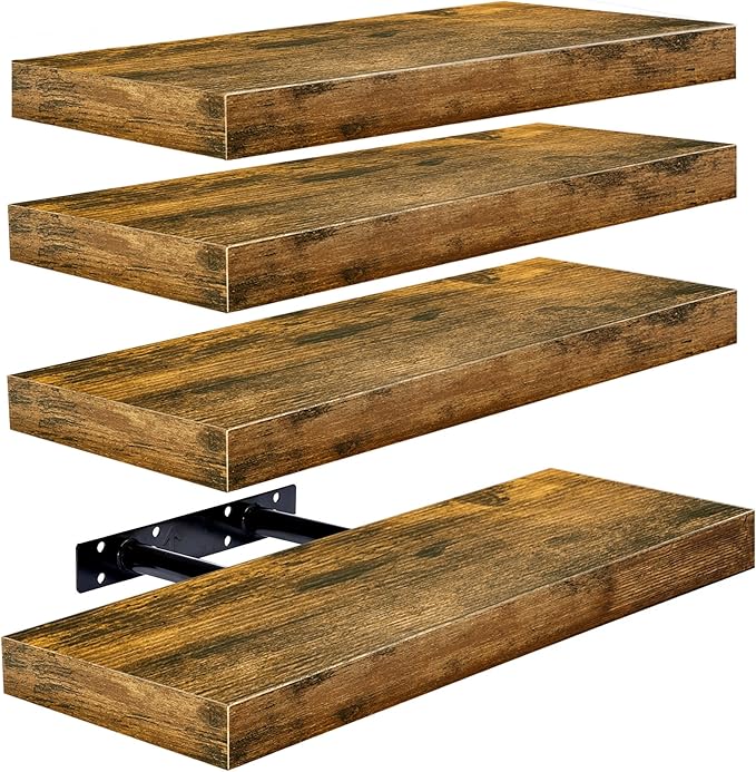 Sorbus Floating Shelves for Wall – 16 Inch Floating Shelf for Kitchen, Bedroom, Living Room, Bathroom, Home & Wall Decor - Mounted Bathroom Shelves with Invisible Brackets (Rustic Brown, 4 Pack)