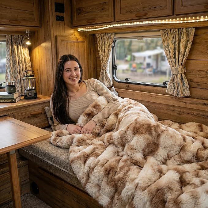 Luxury Double-Sided Faux Fur Throw Blanket for Couch, Camel Cozy Fluffy Bubble Blanket for Airplane RV Car Road Trip Spring Camping Travel Office Nap Home Bed, Machine Washable, 50" x 60"