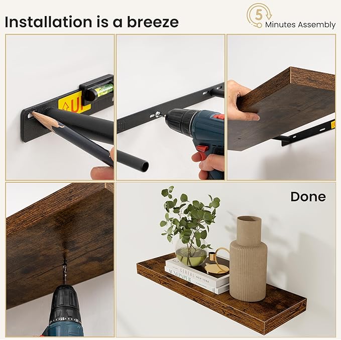Fun Memories Floating Shelves for Wall, Rustic Wood Wall Mounted Shelves for Bathroom, Bedroom, Living Room and Kitchen, Storage & Home Decor (Set of 2, Brown, 24 in)