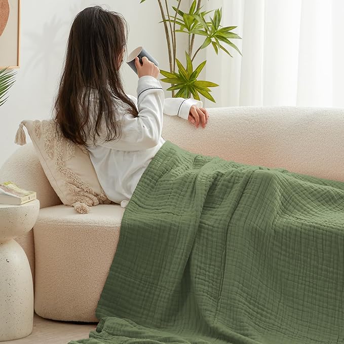 Love's cabin 100% Cotton Muslin Blanket, 6 Layer Lightweight Breathable Gauze Twin Size Blanket 60 x 80 Inches, Soft Summer Blanket for Bed or Couch, Sage Green