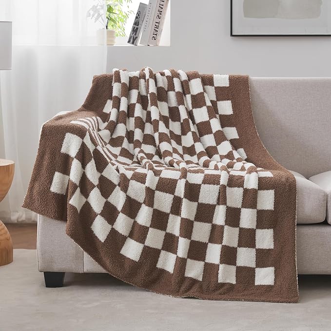 Snuggle Sac Checkered Throw Blanket for Couch, Super Soft, Cozy Warm Knit Blankets, Reversible Plaid Fluffy Throws for Sofa, Bed, Checkered Brown, 50x60 Inches