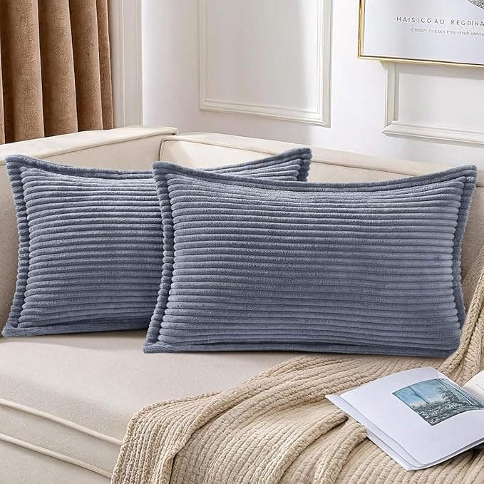 Mecatny Corduroy Throw Pillow Covers 12x20 Set of 2, Neutral Decorative Soft Boho Lumbar Couch Pillow Covers with Broadside for Sofa Living Room, Blue Grey