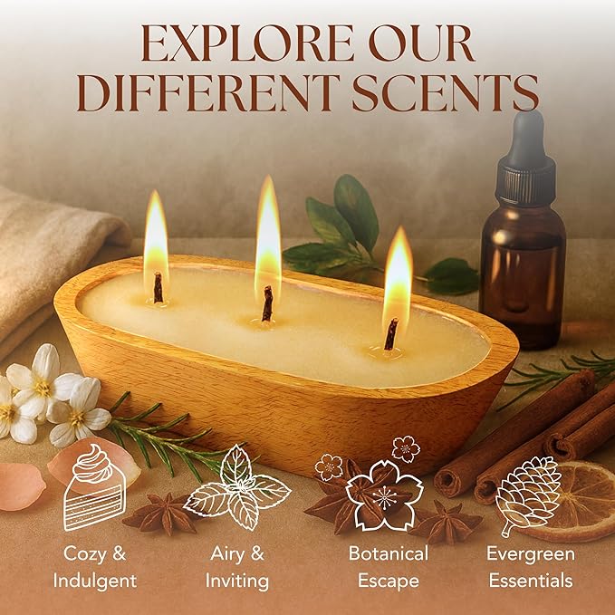 Dough Bowl Candle Co. Sandalwood Soy Candle - 6 Wick Rustic Farmhouse Decor Odor Eliminator in Wooden Bowls, 32 Ounce Wooden Dough Bowl Candle, All-Natural Gifts for Women and Men, Coffee Table Decor