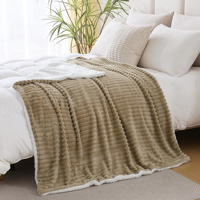 Tan Sherpa Fleece Throw Blanket 50”×60” for Couch Sofa Bed,Super Soft Cozy Plush Double Side Thick Flannel Blanket with Striped Design Lightweight for Adults,Woman,Girls