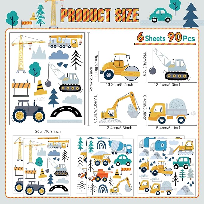 Construction Wall Stickers - 6 Sheets 90 Pcs Construction Themed Trucks Excavator Crane Wall Decals Peel and Stick Wall Decors for Kids Baby Bedroom Boys Room Nursery Playroom