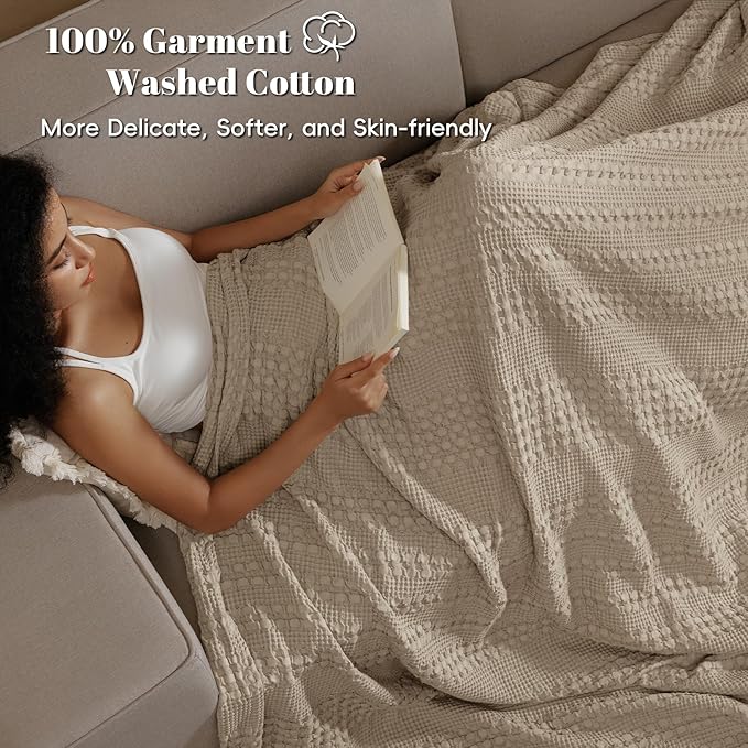 PHF 100% Cotton Waffle Weave Blanket Queen Size for Bed, Soft Lightweight & Breathable for Spring and Summer, All-Season Comfort, Luxury Aesthetic Blanket for Home Decor, 90"x90", Taupe