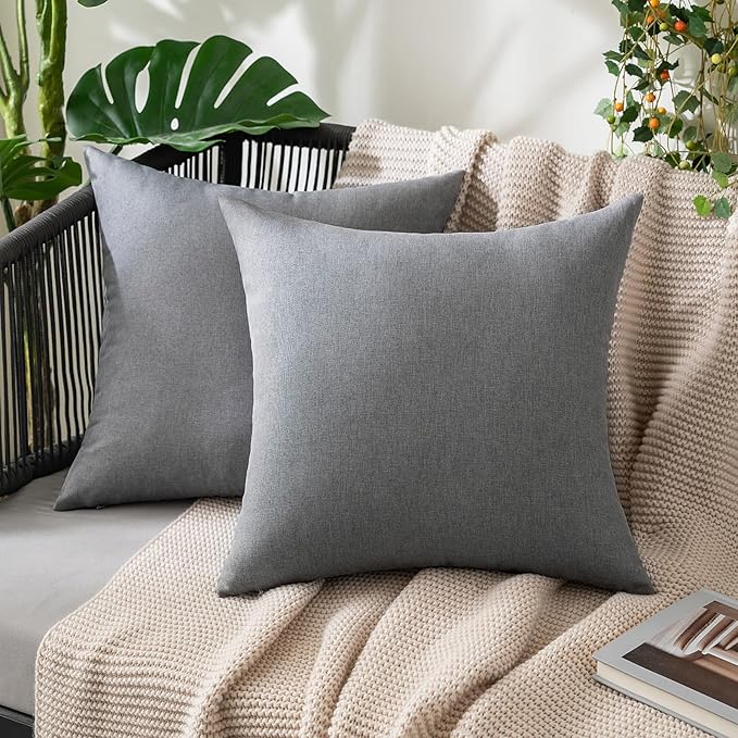 MIULEE Pack of 2 Decorative Outdoor Solid Waterproof Throw Pillow Covers Euro Sham Faux Linen Garden Farmhouse Cushion Cases for Patio Tent Balcony Couch Sofa 22x22 Inch Light Grey