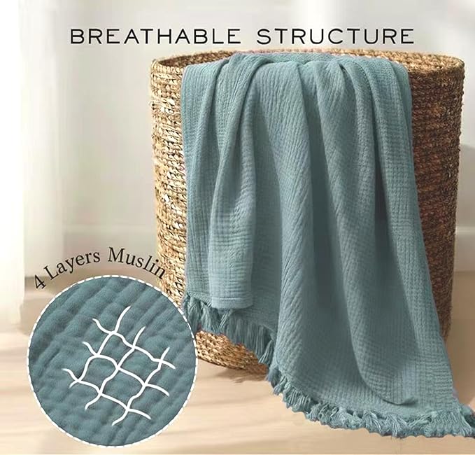 KyraHome Muslin Blankets for Adults, Kid,100% Organic Cotton Blanket Plant Dyed, Breathable Lightweight Gauze Throw Blanket for Couch, All Season (Slate Blue)