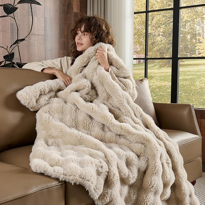 Lotus Karen Faux Fur Throw Blanket Linen - 800 GSM Bubble Rabbit Fluff Blanket for Couch Bed Sofa,Softest Fluffy Fuzzy Cozy Blanket,Thick Furry Plush Shaggy Warm Blankets for Women,60x80 Inches