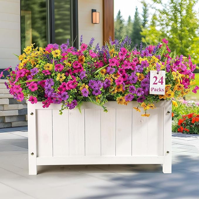 Alupssuc 24 Bundles Artificial Flowers for Outdoors Spring Summer Decoration, UV Resistant Faux Eucalyptus Violet and Lavender Silk Fake Plants for Outside Indoor Yard Home Patio Decor, Mix 3 Colors