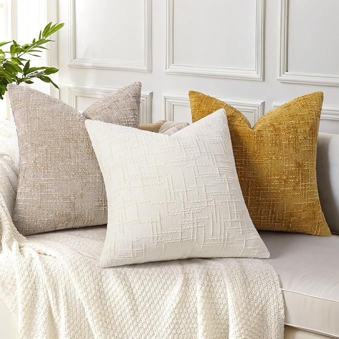 decorUhome Summer Cream White Chenille Throw Pillow Covers 18x18 Set of 2 Textured Cozy Slubby Couch Pillow Covers Modern Farmhouse Boho Decorative Pillow Cases for Bed Sofa Living Room