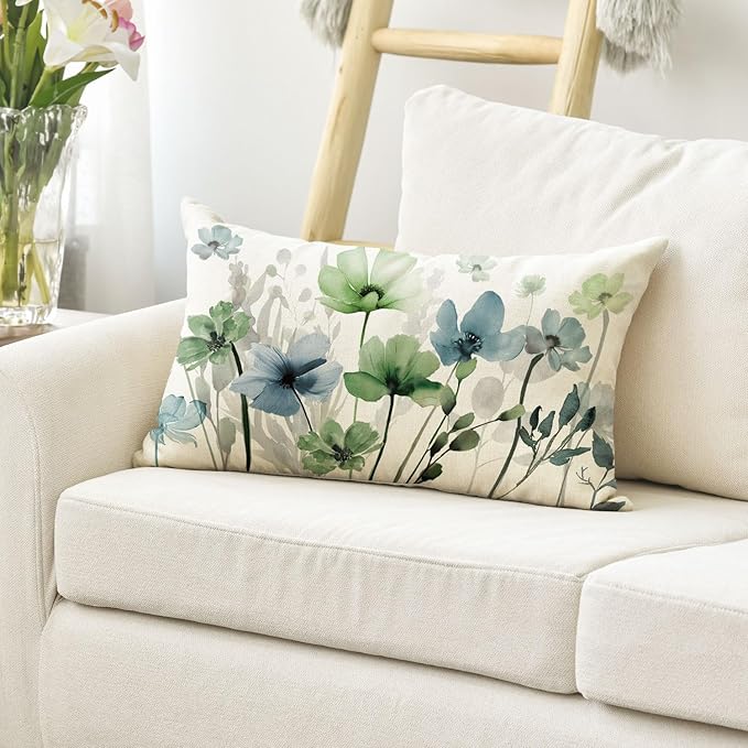 AVOIN colorlife Poppy Flowers Chinoiserie Fall Throw Pillow Cover, 12 x 20 Inch Blue Sage Green Seasonal Leaves Cushion Case Decoration for Sofa Couch Farmhouse
